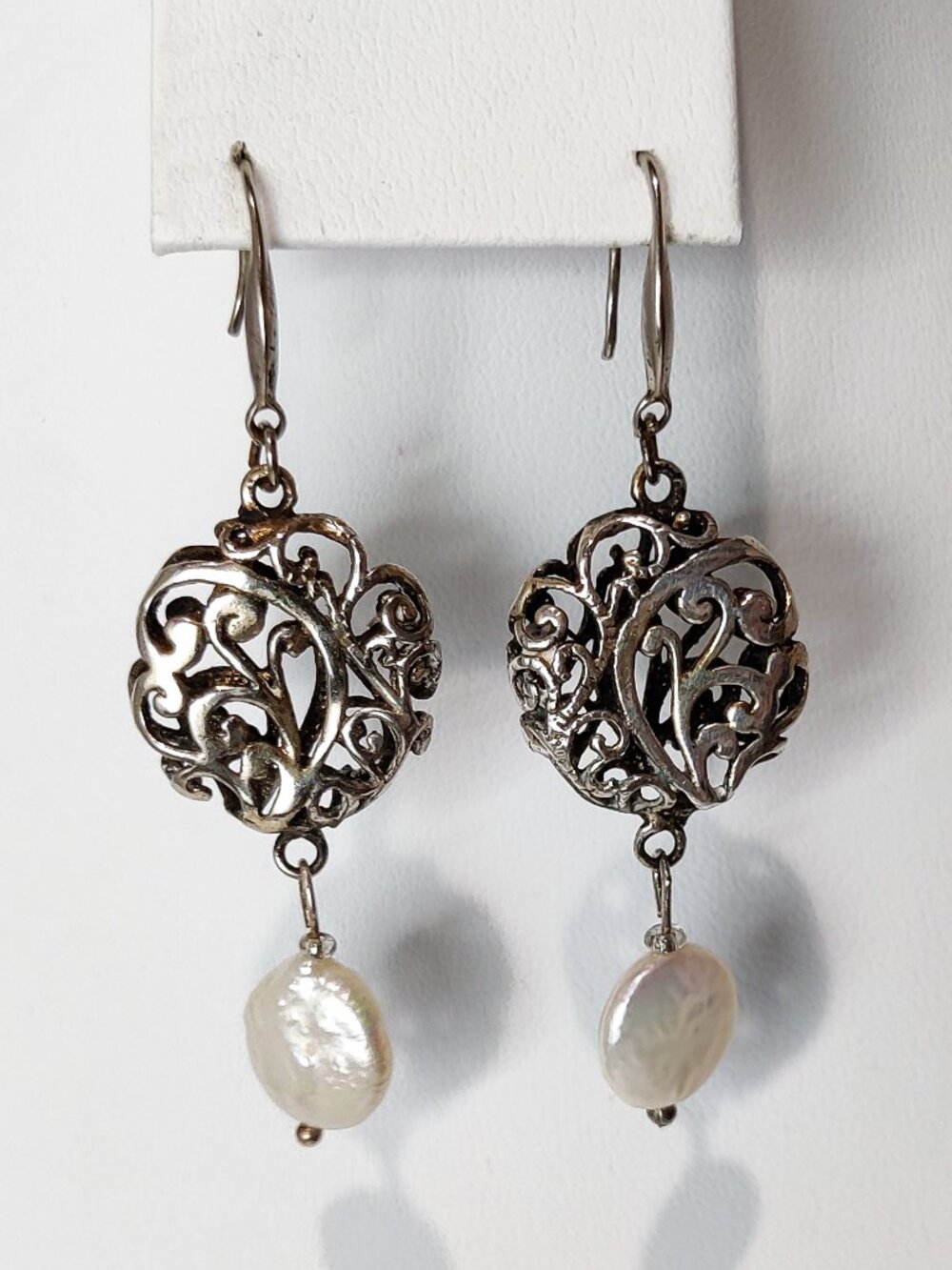 925 Sterling Silver Filigree Heart Pearl Earrings